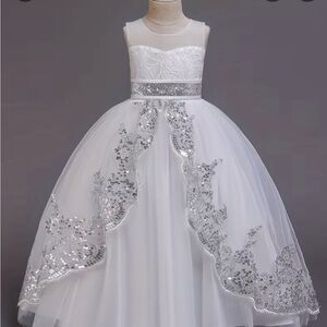 Girls White Sparkle Sequin Tulle Party Dress
